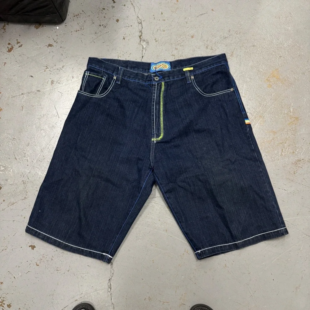 Y2K Evolution In Design‎ Denim Shorts Blue Rainbow Embroidered Baggy Jorts 44